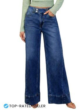 Women's Wide Leg High Waisted Stretchy Baggy Denim Jeans Double Button